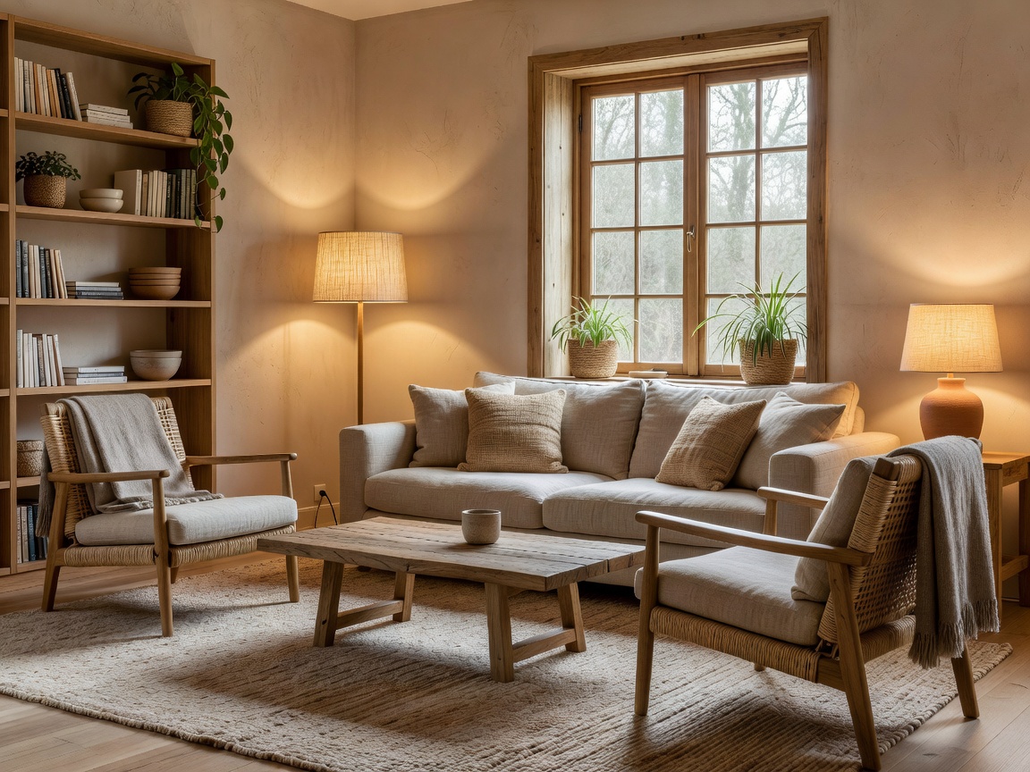 Comfortable residential living room with layered lighting and natural textures