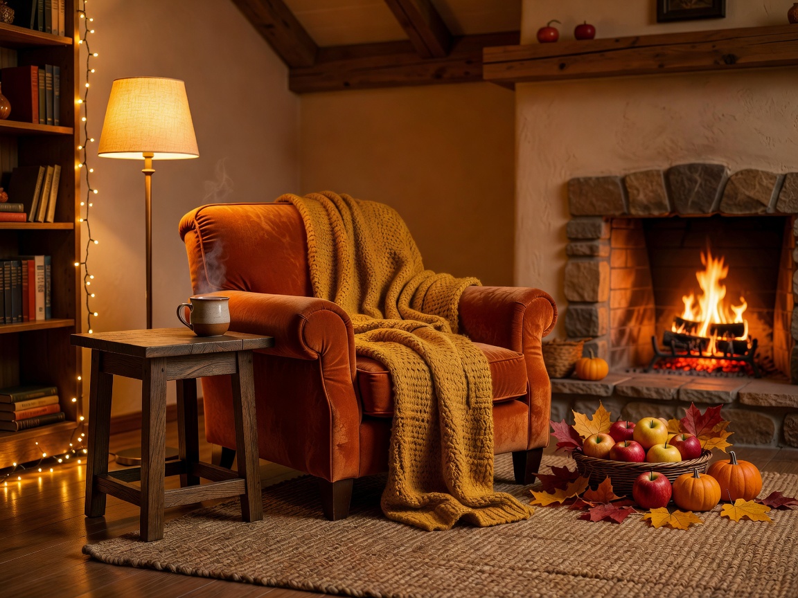 Cosy autumn interior with warm textures and layered lighting