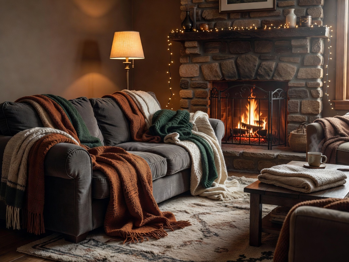 Home interior prepped with blankets and warm lighting for seasonal shift