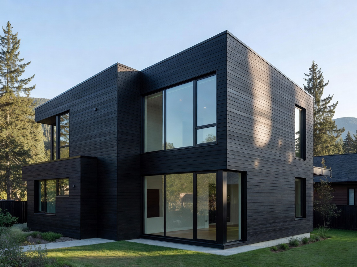 Modern Canadian residential architecture featuring dark siding and large windows