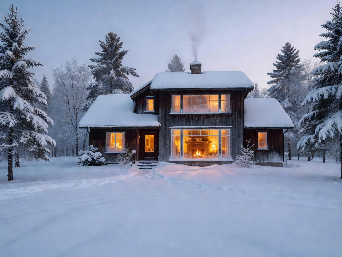 Snowy Canadian home environment with a warmly lit interior visible through windows