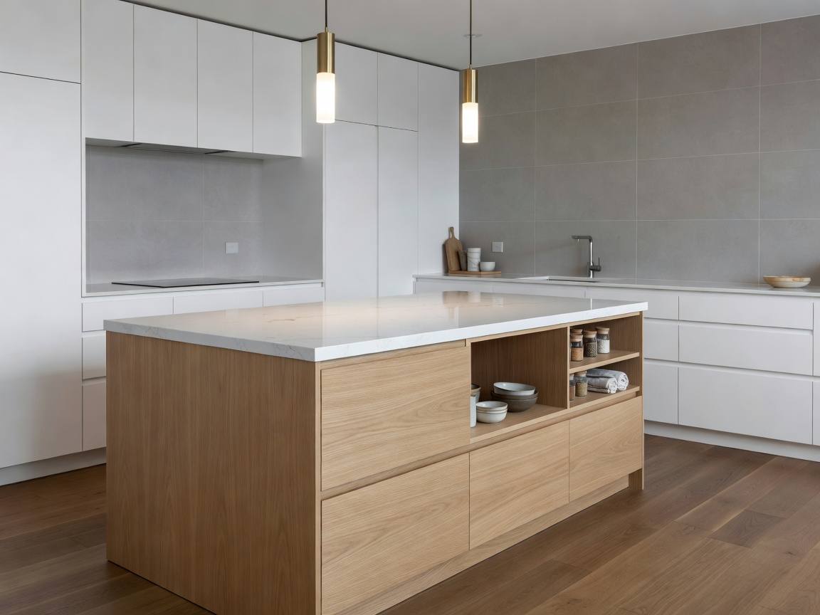 Updated kitchen island lighting and storage