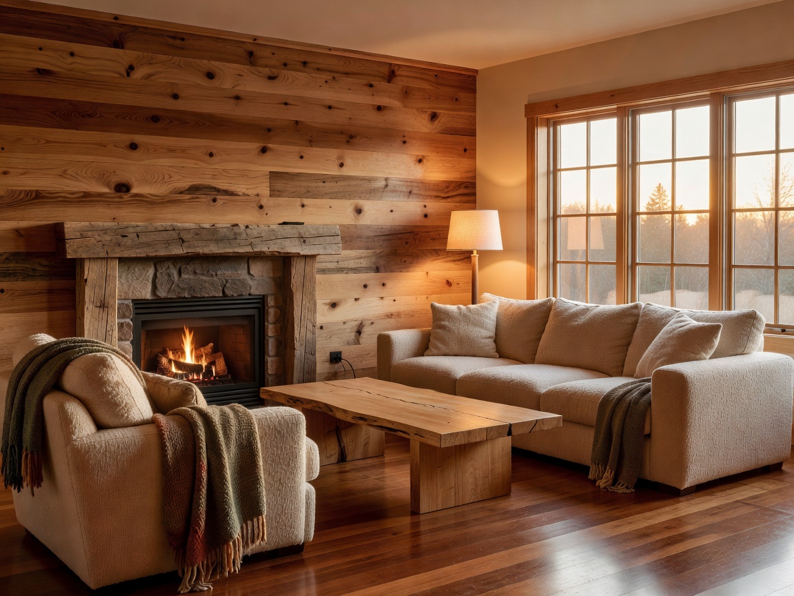 Warm Canadian living room interior with natural wood textures and soft lighting