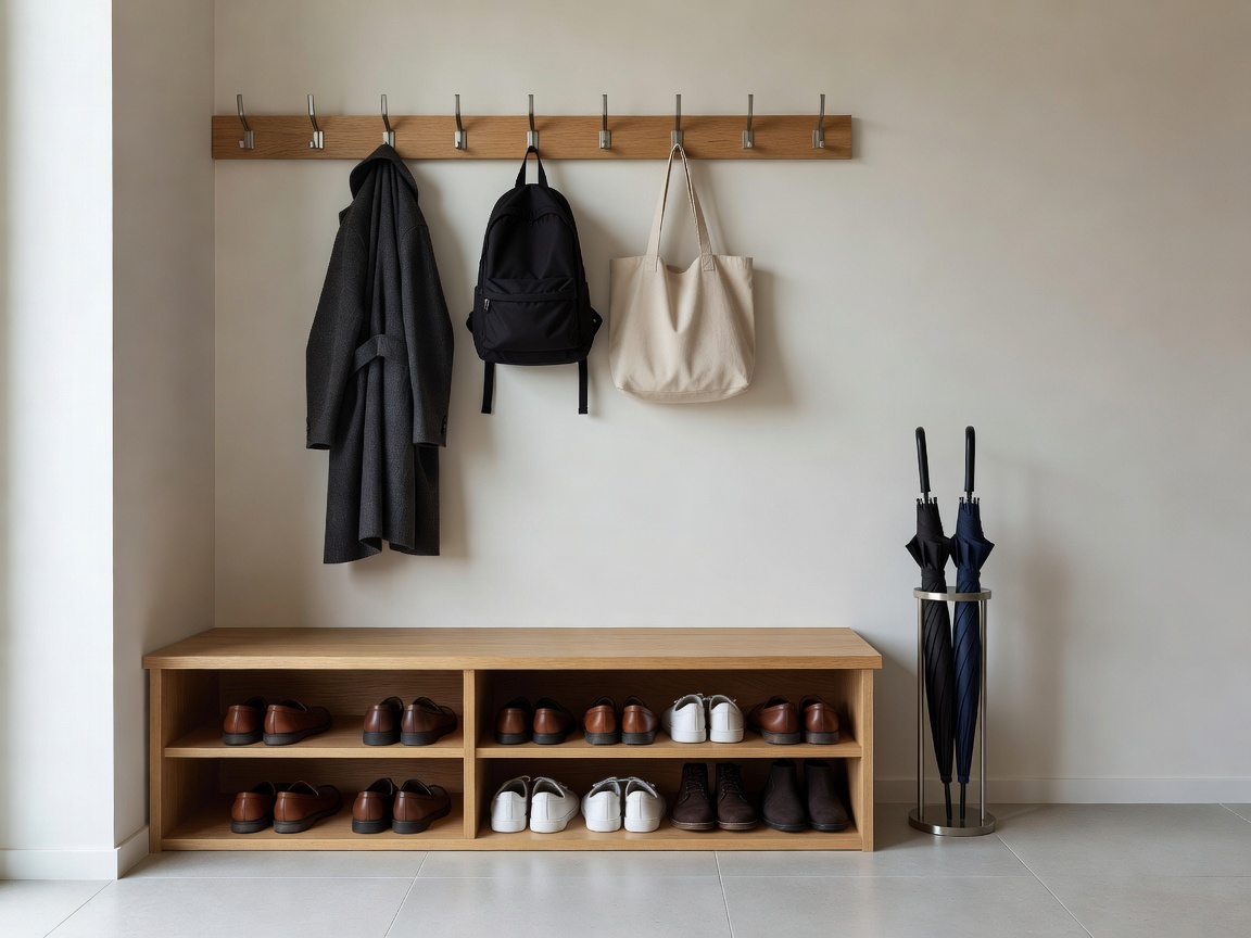 Well organized home entryway with storage hooks and bench
